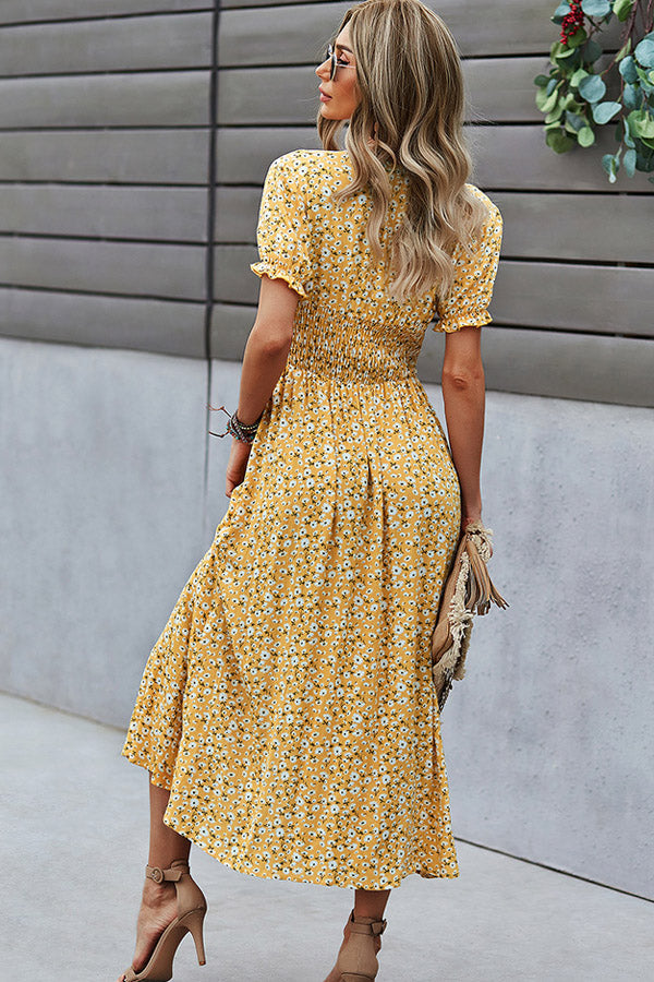 Valantomode | Floral Print V Neck Smocked Maxi Dress for Effortless Style