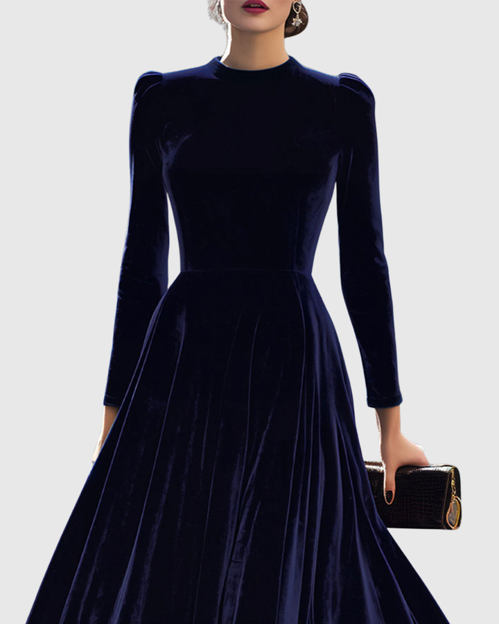 Valantomode | Chic Navy Blue Midi Dress with Long Sleeves for Women