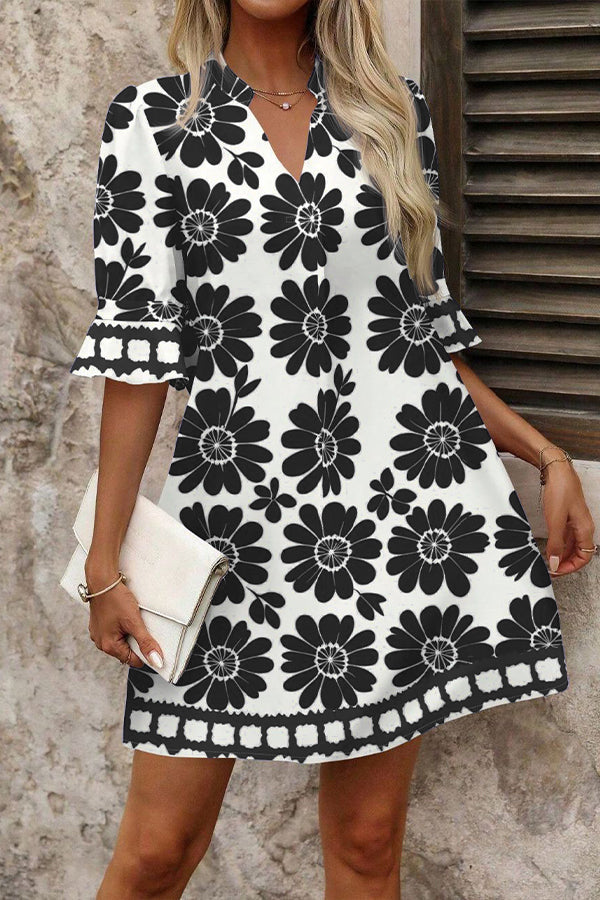Valantomode | Trendy Printed Mini Dress with Flared Sleeves