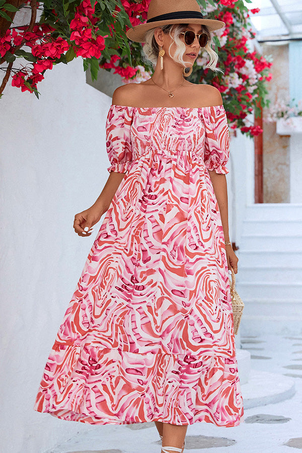 Valantomode | Off-Shoulder Smocked Midi Dress with Beachy Prints