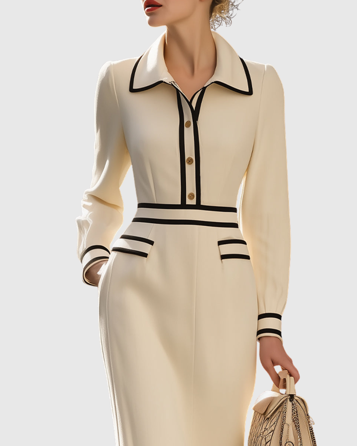 Valantomode | Chic Fitted Midi Dress with Unique Button Accents