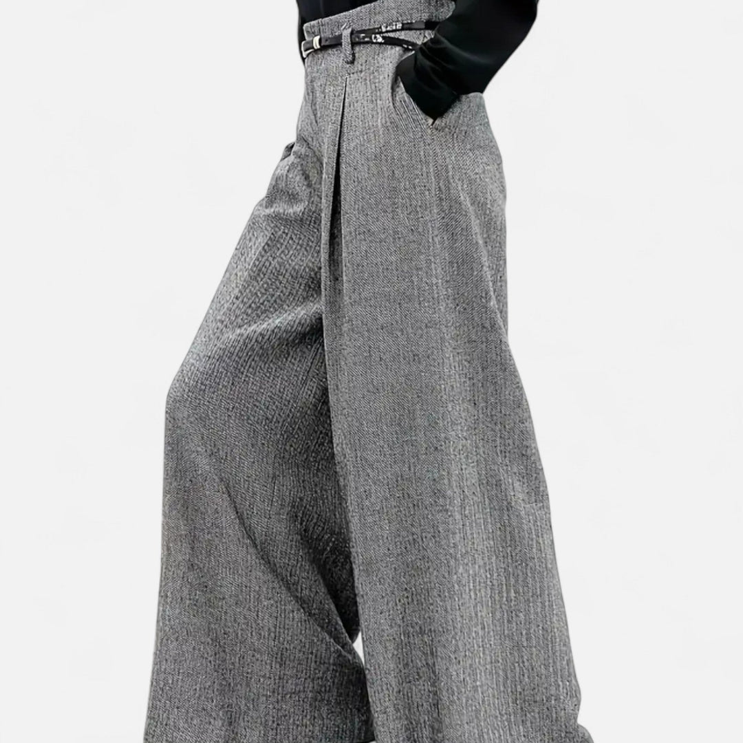 Valantomode | Women’s High-Waist Tweed Wide-Leg Pants with Pleated Detail