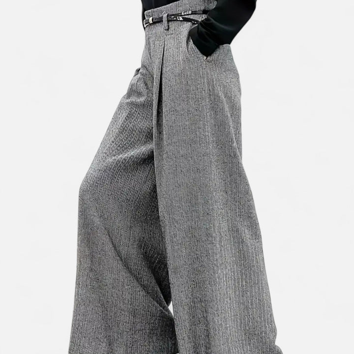 Valantomode | Women’s High-Waist Tweed Wide-Leg Pants with Pleated Detail