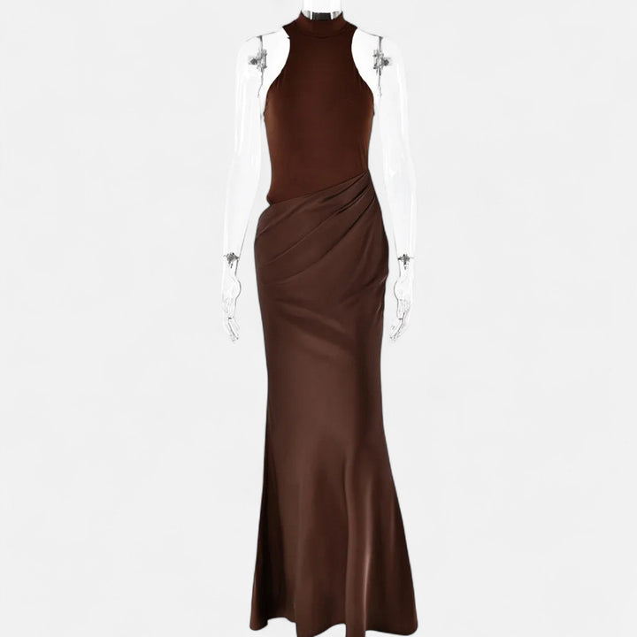 Valantomode | Women’s Satin Cut-Out Maxi Dress Silky Grace Sculpted Elegance