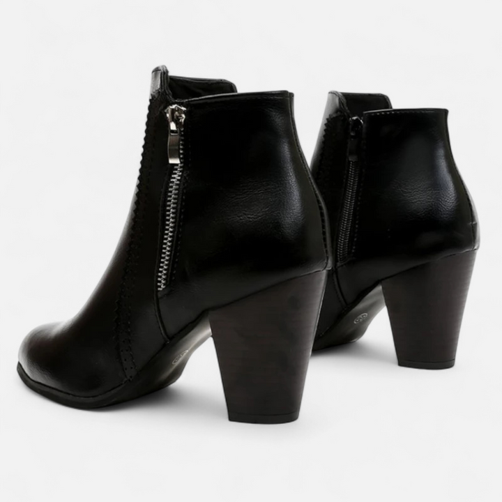 Valantomode | Women’s Vintage Zip-Heel Boots - Retro Block Heel Leather Booties