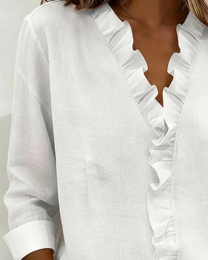 Valantomode | Blouse with Ruffles, V-Neck, Long Sleeves