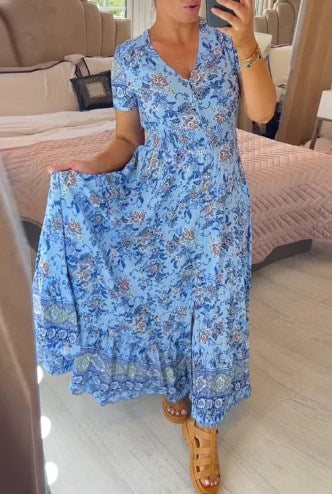 Valantomode | Chic V-Neck Floral Dress for Effortless Summer Glamour