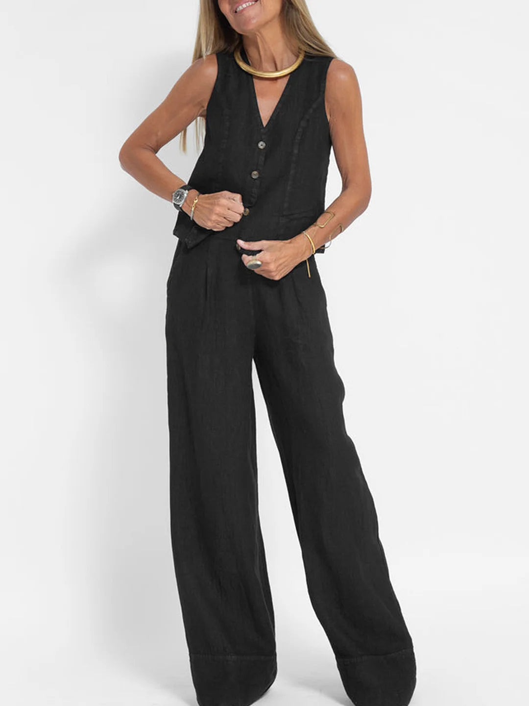 Valantomode | Chic Suit Set with Tailored Vest & Flowy Wide Pants
