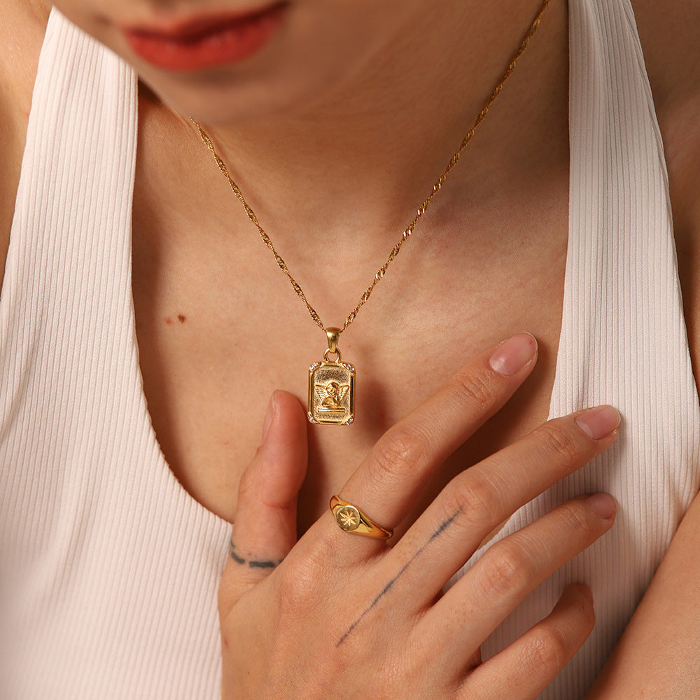 Valantomode | Plated Iconographic Angel Pendant Necklace with Quadrant Stone Assets