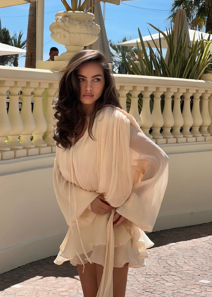 Valantomode | Chic Champagne Mini Dress with Pleats and Pearl Accents