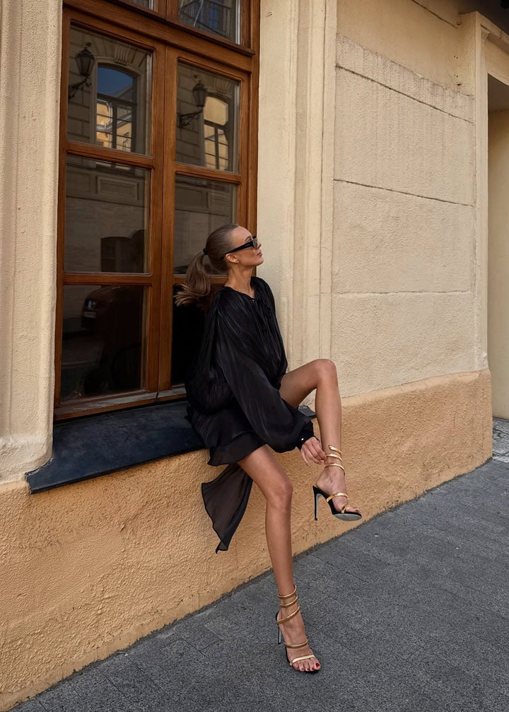 Valantomode | Stunning Black Mini Dress with Pearl Button Details