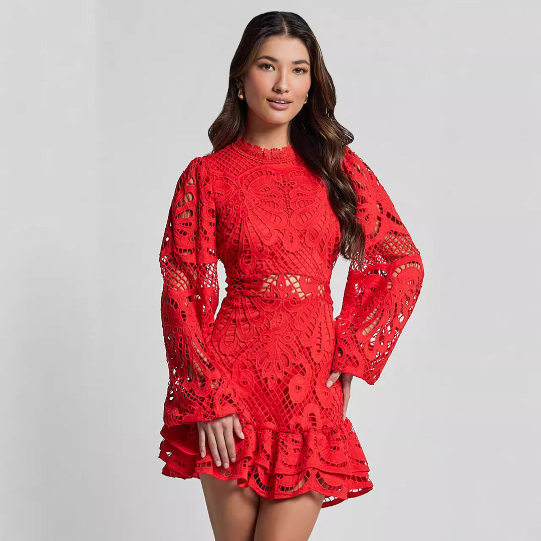 Valantomode | Lace Puff Sleeve Mini Dress for Effortless Elegance