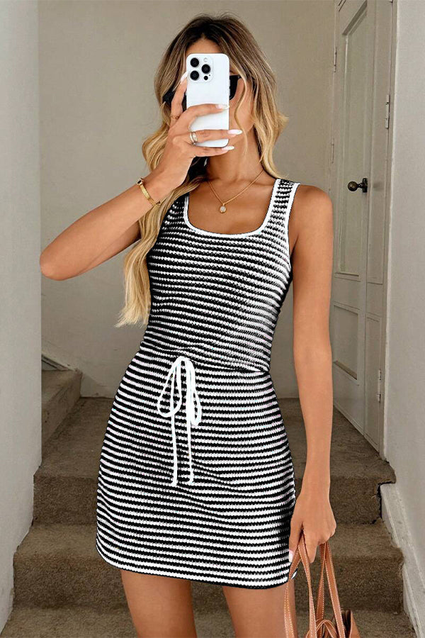 Valantomode | Chic Stripe Print Mini Dress with Drawstring Detail