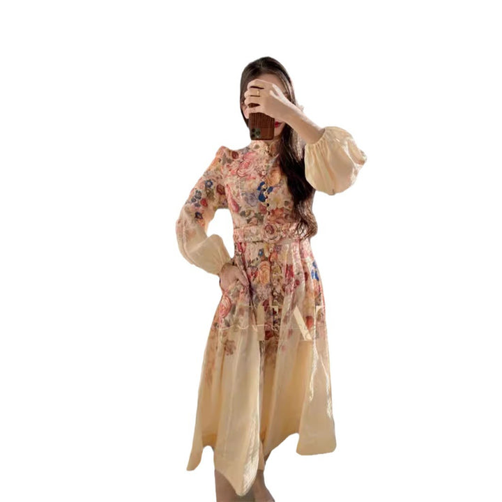 Valantomode | Floral Print Mini Dress with Belted Lace Trim