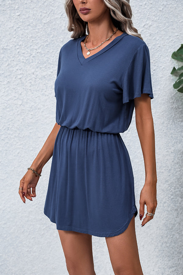 Valantomode | Chic V Neck Short Sleeve Casual Mini Dress in Solid Colors