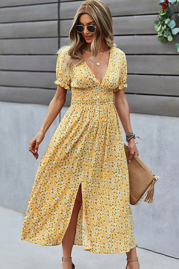 Valantomode | Floral Print V Neck Smocked Maxi Dress for Effortless Style