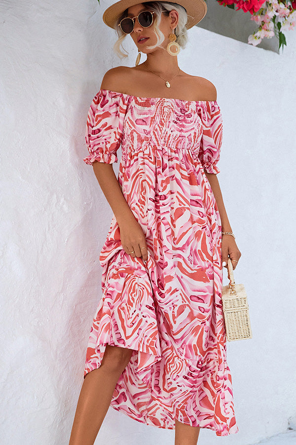 Valantomode | Off-Shoulder Smocked Midi Dress with Beachy Prints