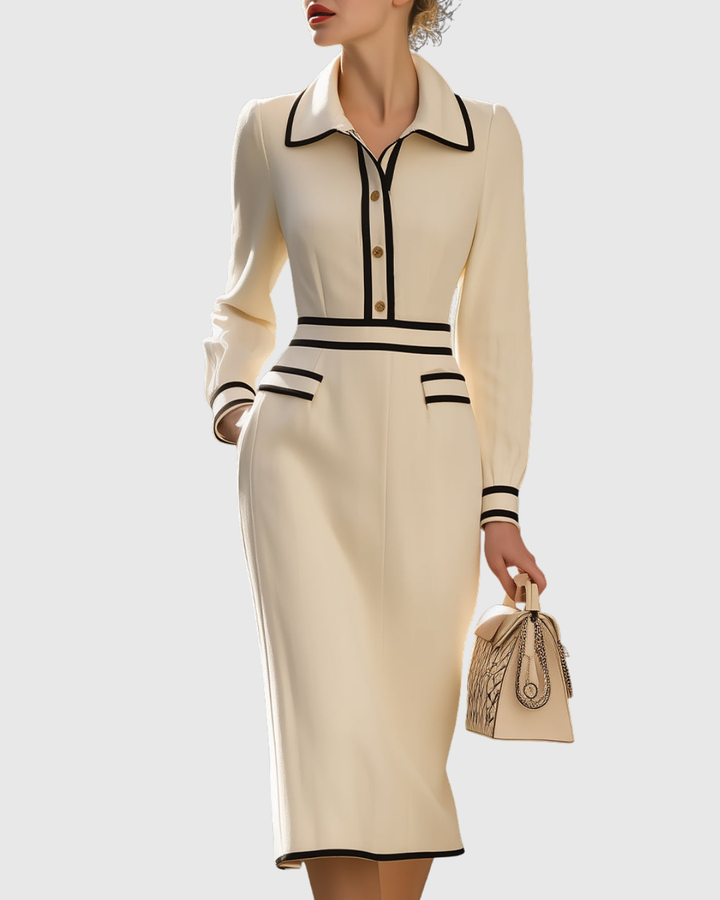 Valantomode | Chic Fitted Midi Dress with Unique Button Accents
