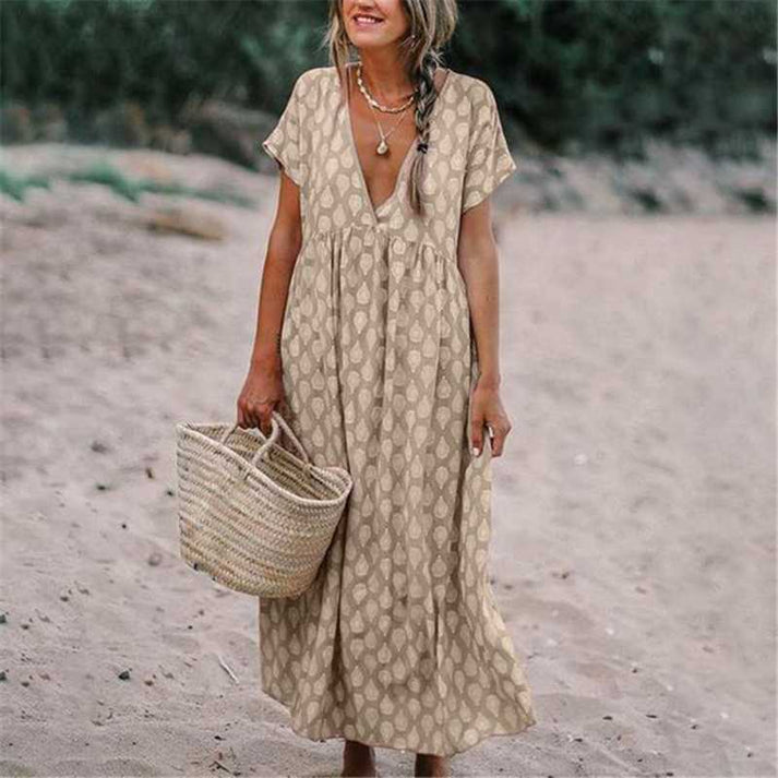 Valantomode | Stylish V-Neck Bohemian Dress for Effortless Summer Appeal
