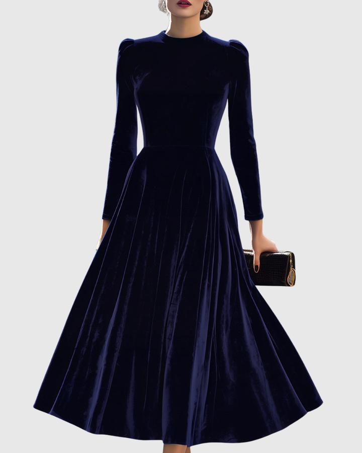 Valantomode | Chic Navy Blue Midi Dress with Long Sleeves for Women
