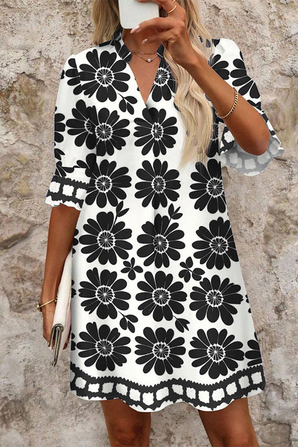 Valantomode | Trendy Printed Mini Dress with Flared Sleeves