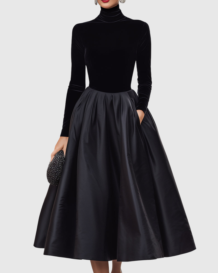 Valantomode | Chic Black Velvet and Satin Midi Dress for Evening Events
