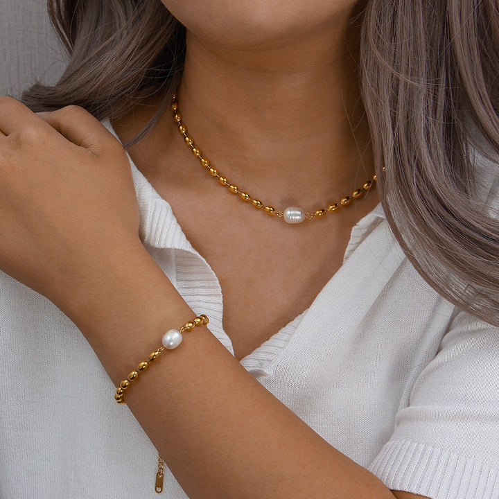 Valantomode | Plated Polished Bead Necklace with Central Freshwater Pearl Asset