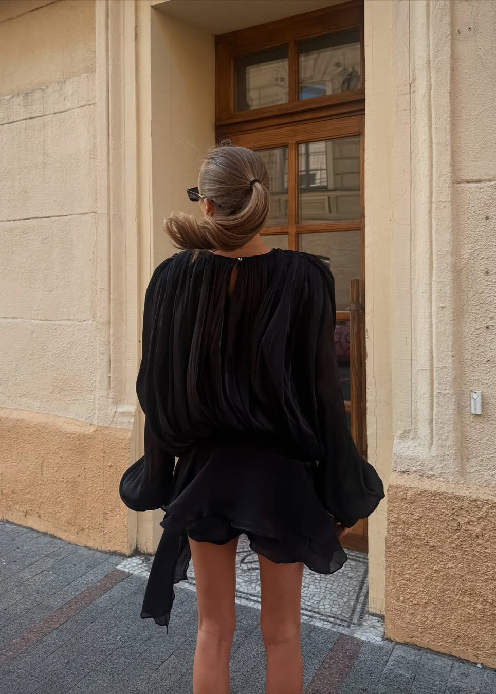 Valantomode | Stunning Black Mini Dress with Pearl Button Details