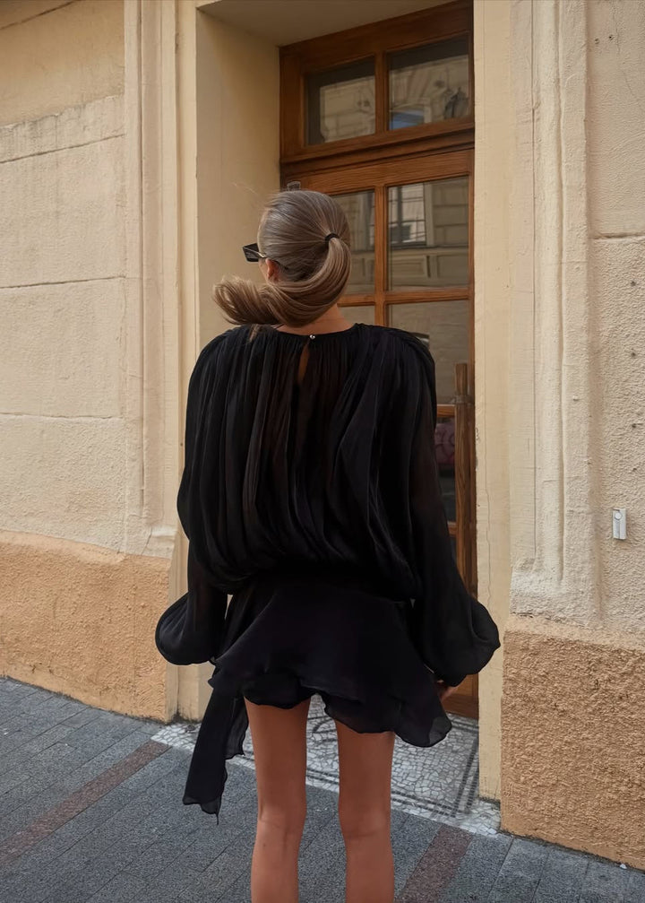 Valantomode | Stunning Black Mini Dress with Pearl Button Details
