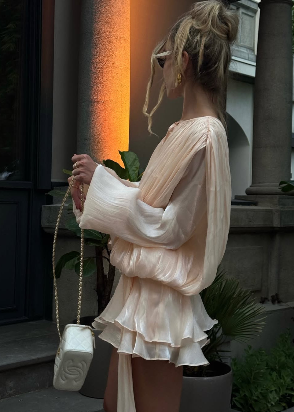 Valantomode | Chic Champagne Mini Dress with Pleats and Pearl Accents