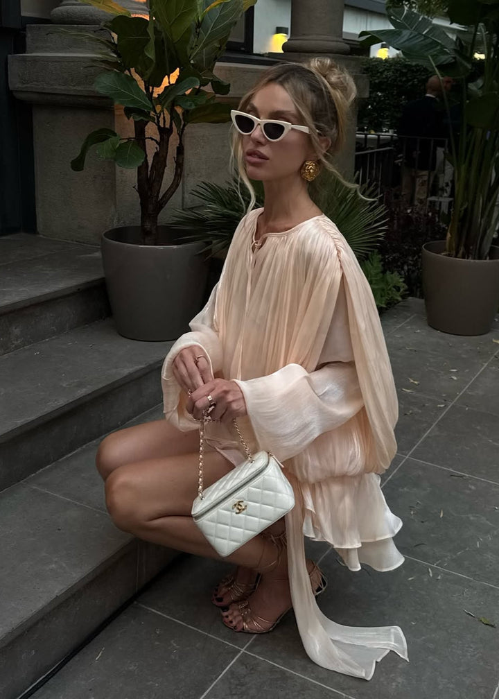 Valantomode | Chic Champagne Mini Dress with Pleats and Pearl Accents