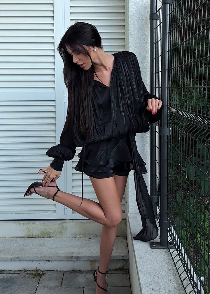 Valantomode | Stunning Black Mini Dress with Pearl Button Details