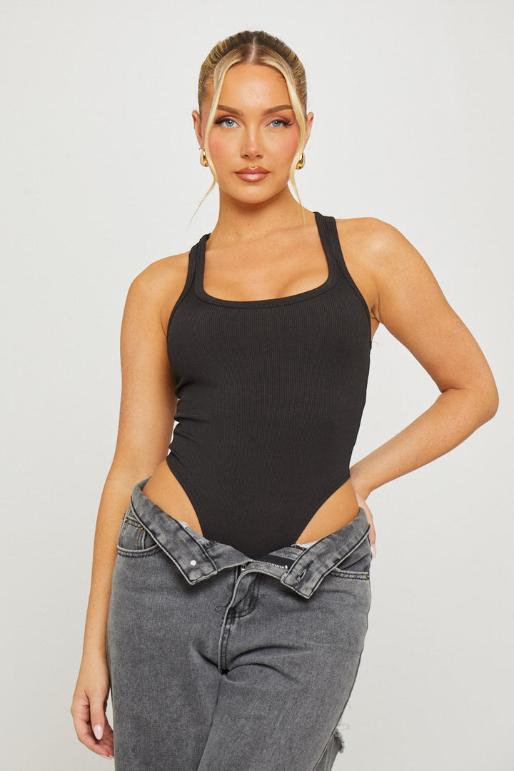Valantomode | Sleek Black Ribbed High Leg Racerback Bodysuit