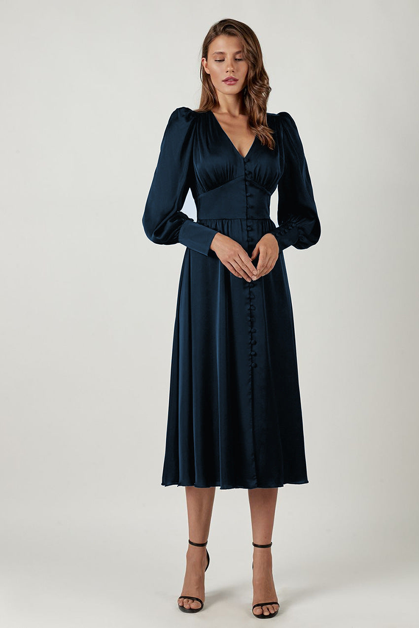 Valantomode | Puff Sleeve Dress with Chic Button Closure