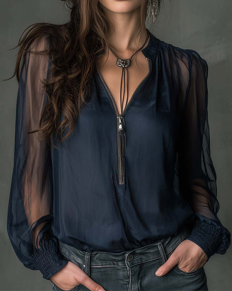 Valantomode | Blouse Long Sleeve Half-Zip Knit