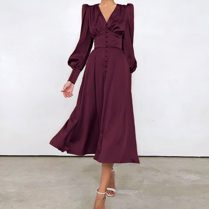Valantomode | Puff Sleeve Dress with Chic Button Closure