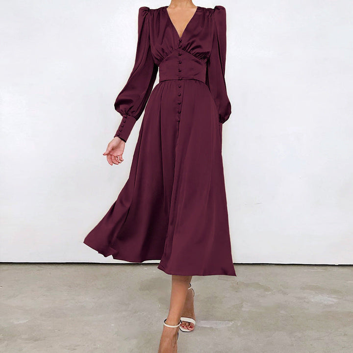 Valantomode | Puff Sleeve Dress with Chic Button Closure