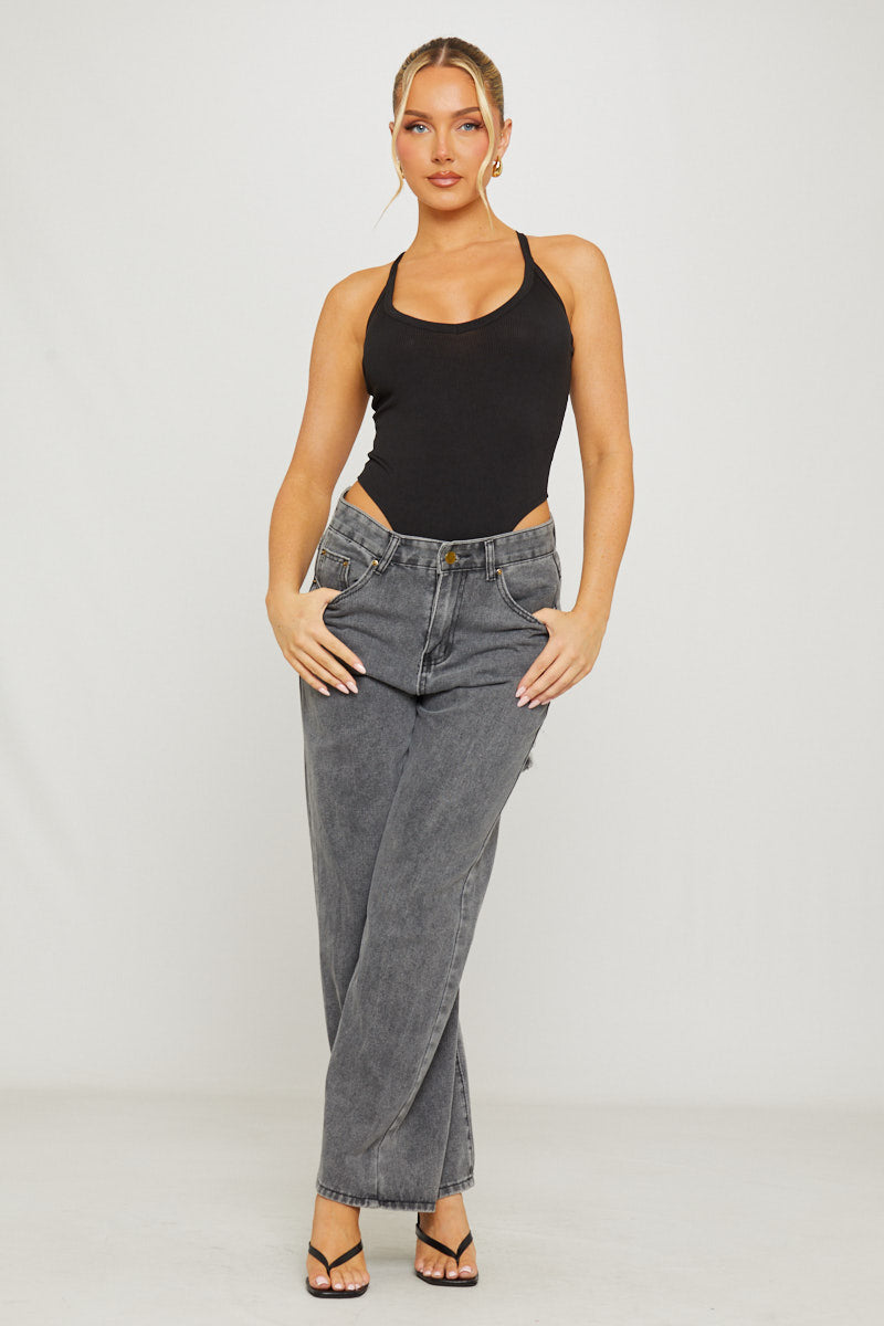 Valantomode | Sleek Black Ribbed Plunge High Leg Bodysuit for Chic Style