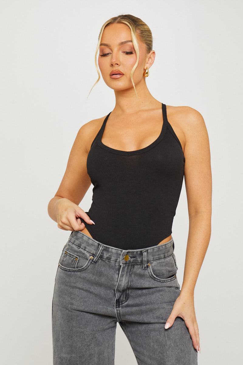 Valantomode | Sleek Black Ribbed Plunge High Leg Bodysuit for Chic Style