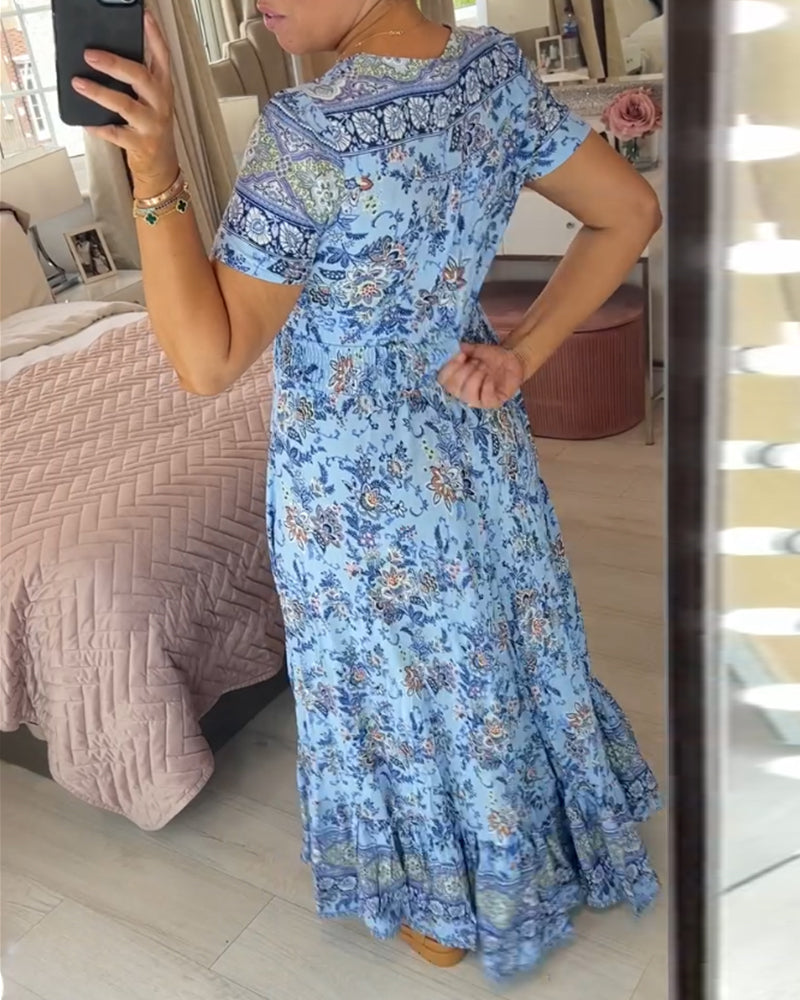 Valantomode | Chic V-Neck Floral Dress for Effortless Summer Glamour