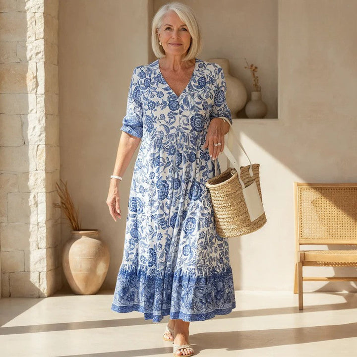 Valantomode | Dress With Elegant Floral Design & V-Neck