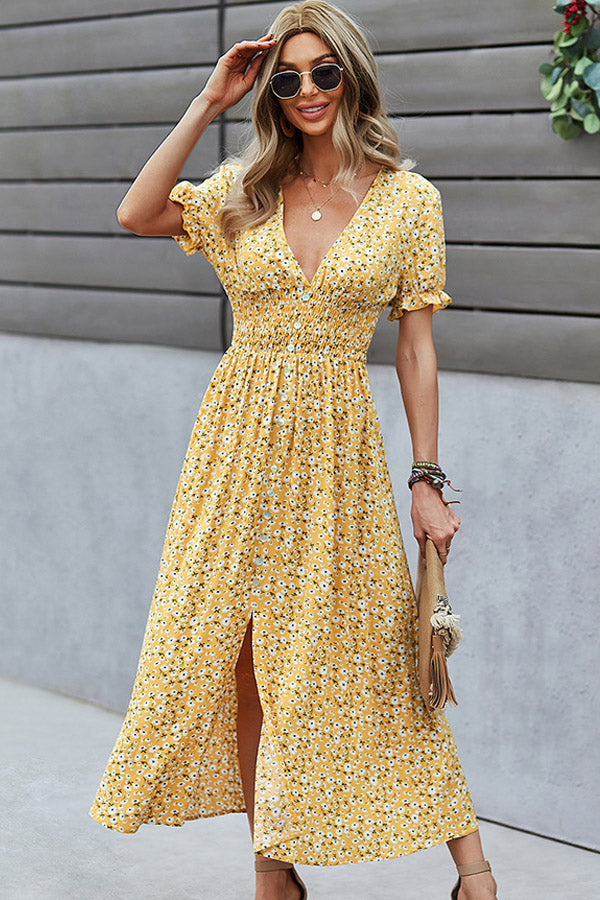 Valantomode | Floral Print V Neck Smocked Maxi Dress for Effortless Style