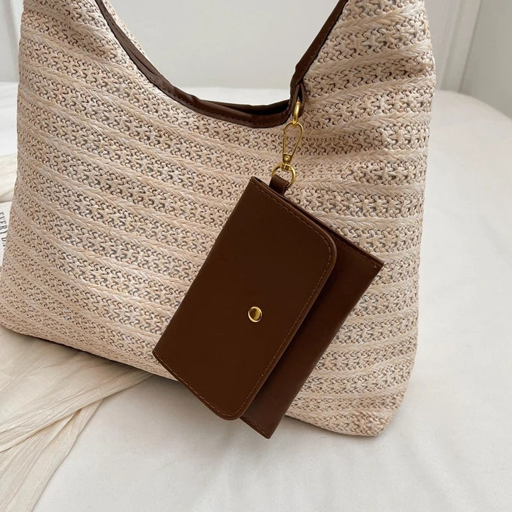 Valantomode | Solstice Kinetic Hobo – Premium Woven Straw Shoulder Bag with Vegan Leather Trim & Detachable Wallet