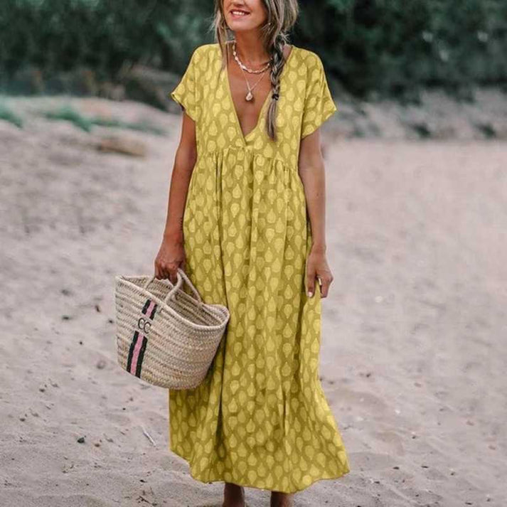 Valantomode | Stylish V-Neck Bohemian Dress for Effortless Summer Appeal