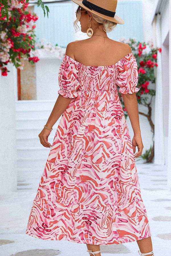 Valantomode | Off-Shoulder Smocked Midi Dress with Beachy Prints