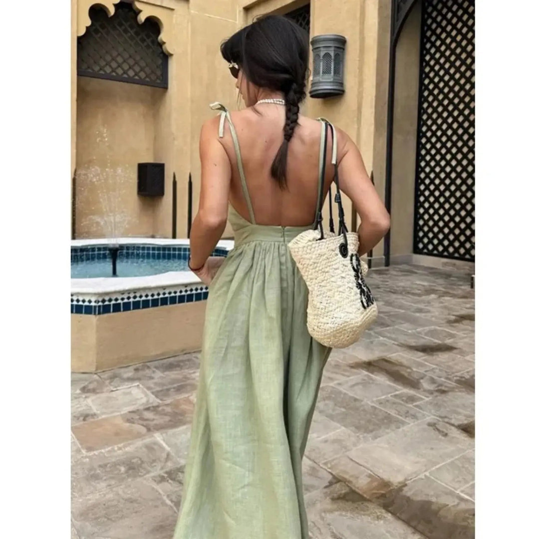 Valantomode | Stylish Green Linen Dress Perfect for Summer Days