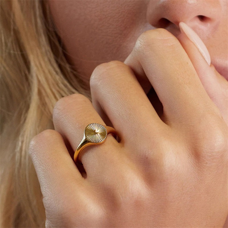 Valantomode | Plated Brianna Sunburst Ring with Radial-Etched Circular Architecture