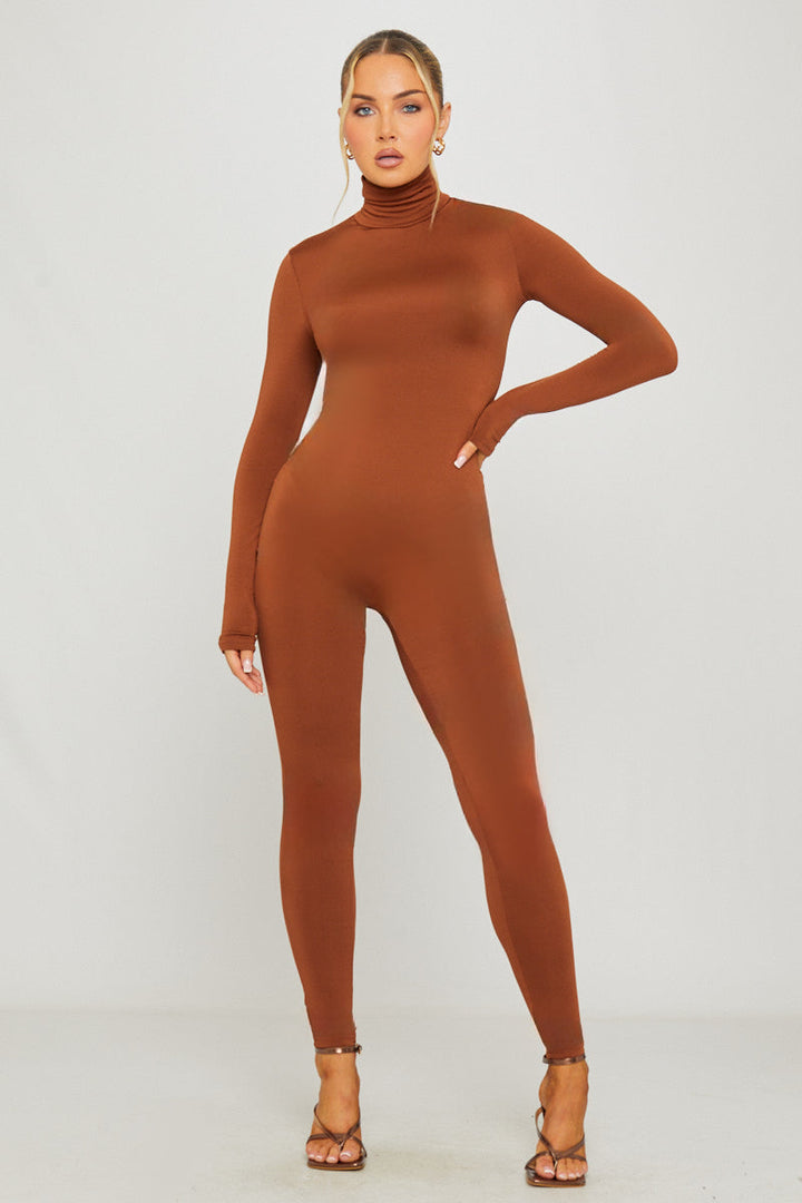 Valantomode | Chic Brown Long Sleeve Turtleneck Jumpsuit for Effortless Style
