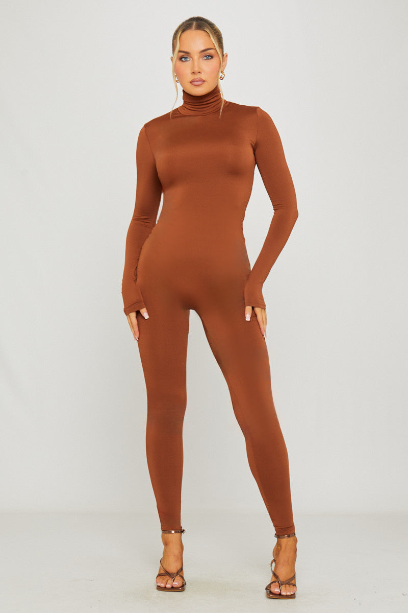 Valantomode | Chic Brown Long Sleeve Turtleneck Jumpsuit for Effortless Style