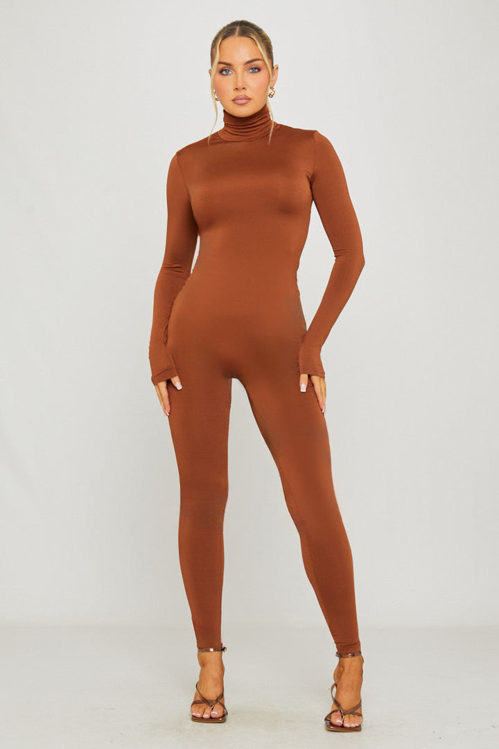 Valantomode | Chic Brown Long Sleeve Turtleneck Jumpsuit for Effortless Style